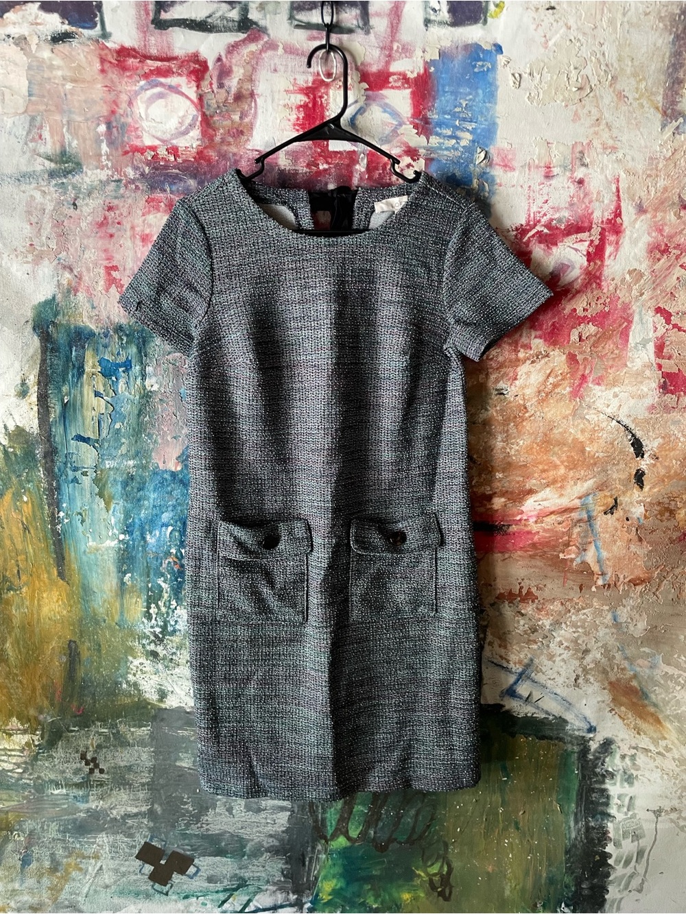 LOFT Gray Tweed Short-Sleeve Shift Dress